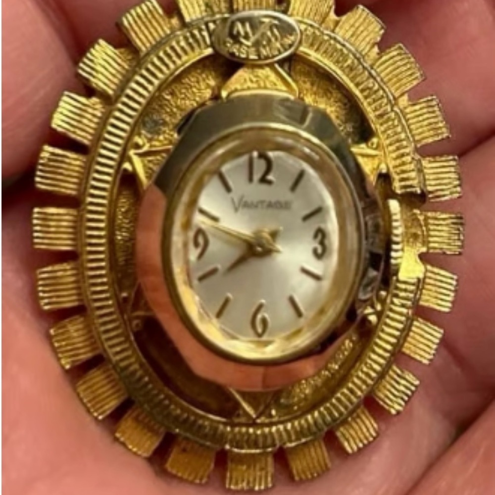 Vintage Vantage Watch Pendant Gold Tone Setting Rose Blue Green Facet Glass - Picture 2 of 7